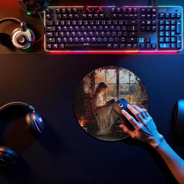 Alt view image 4 of 6 - Vintage Woman Reading Round Mouse Pad for Desk 7.9x7.9, Retro Country Female Bookish Decor, Book Lover Gifts Moody Plant Mousepad for Work Computers Laptop Home Office Dorm Desk Accessories