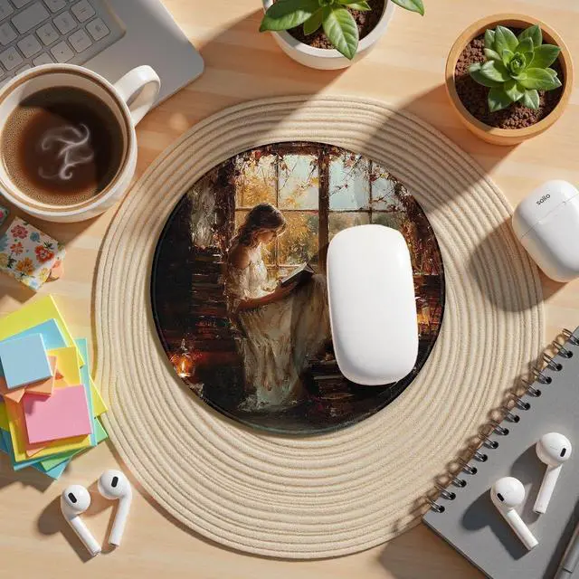 Alt view image 3 of 6 - Vintage Woman Reading Round Mouse Pad for Desk 7.9x7.9, Retro Country Female Bookish Decor, Book Lover Gifts Moody Plant Mousepad for Work Computers Laptop Home Office Dorm Desk Accessories