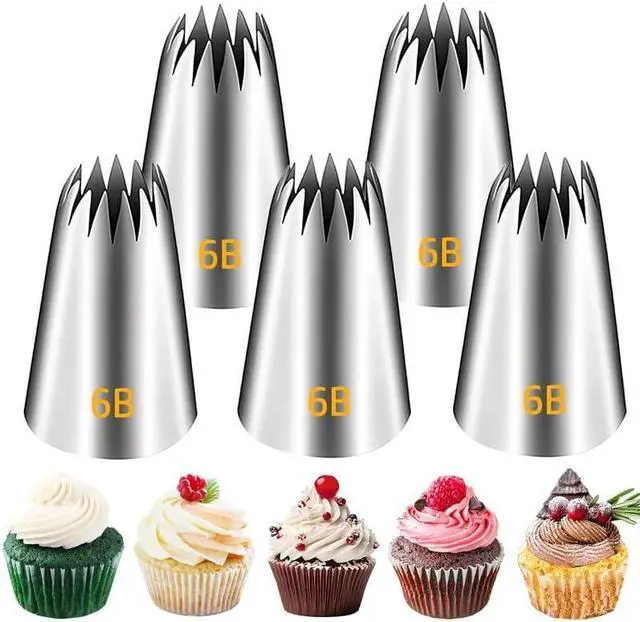 Main image of Suuker 6B Piping Tips Set, 5-Piece Open Star Cake Decorating Tips | 5 Medium 6B Open Star Tips for Swirls, Stars, Shells on Cakes, Cupcakes and Cookies