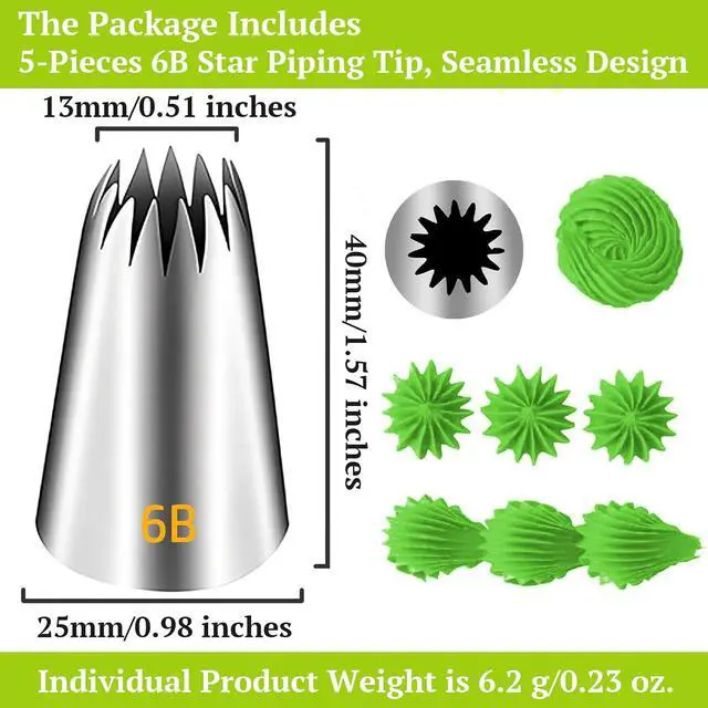 Alt view image 6 of 6 - Suuker 6B Piping Tips Set, 5-Piece Open Star Cake Decorating Tips | 5 Medium 6B Open Star Tips for Swirls, Stars, Shells on Cakes, Cupcakes and Cookies