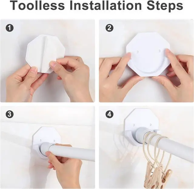 Alt view image 3 of 7 - Shower Rod Holders Adhesive Tension Curtain Brackets Stick on Pole End Caps Screw in Bar Hanging Supports for Wall Mounted in Bathroom Closet, U Shaped White Cups Plates Rod Protectors