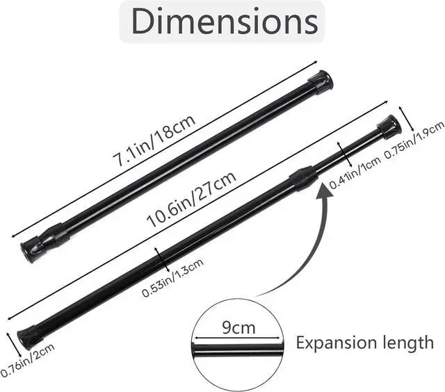 Alt view image 3 of 7 - 2 Pack Tension Rods, Small Tension Rods 7-11 inches Adjustable Spring Steel Cupboard Bars Tension Curtain Rod Shower Rod Closet Rod Curtain Rods No Drilling, (Black, 7-11 in-2 Pcs)