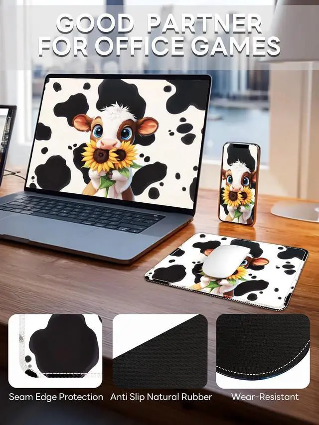Alt view image 2 of 6 - Cute Mouse Pads,Unique Mouse Pad Design, 9.33 x 7.76 in | Desk Accesories with Rubber Non-Slip Base,Stitched Mouse Pad for Desk, Computer and Gaming, Cow Sunflowers B