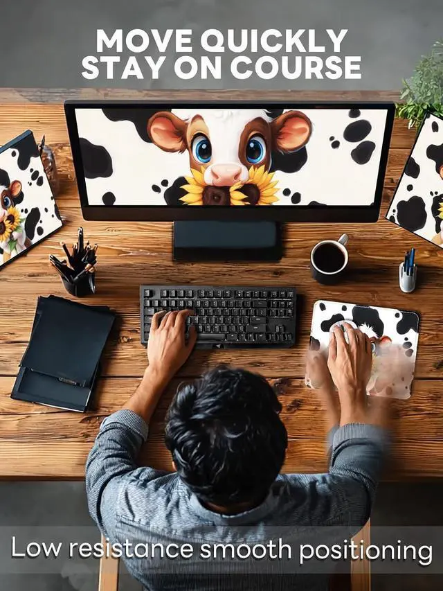 Alt view image 3 of 6 - Cute Mouse Pads,Unique Mouse Pad Design, 9.33 x 7.76 in | Desk Accesories with Rubber Non-Slip Base,Stitched Mouse Pad for Desk, Computer and Gaming, Cow Sunflowers B