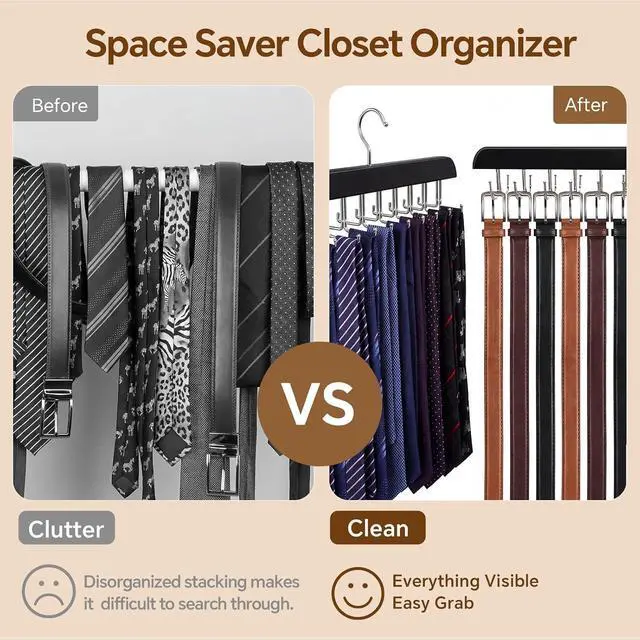 Alt view image 3 of 7 - 2 Pack Tie Rack and Belt Hanger 40 Hooks 360 Swivel Foldable Wooden Closet Rod Organizer Space Saving for Ties Belts Hats Bras Tank Tops Black