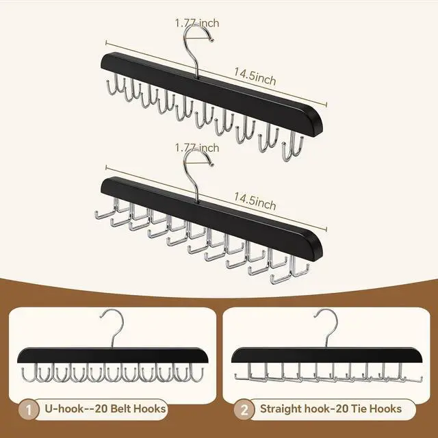 Alt view image 2 of 7 - 2 Pack Tie Rack and Belt Hanger 40 Hooks 360 Swivel Foldable Wooden Closet Rod Organizer Space Saving for Ties Belts Hats Bras Tank Tops Black