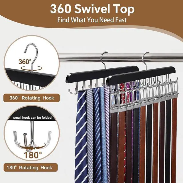 Alt view image 5 of 7 - 2 Pack Tie Rack and Belt Hanger 40 Hooks 360 Swivel Foldable Wooden Closet Rod Organizer Space Saving for Ties Belts Hats Bras Tank Tops Black