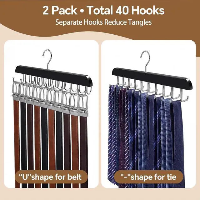 Alt view image 4 of 7 - 2 Pack Tie Rack and Belt Hanger 40 Hooks 360 Swivel Foldable Wooden Closet Rod Organizer Space Saving for Ties Belts Hats Bras Tank Tops Black
