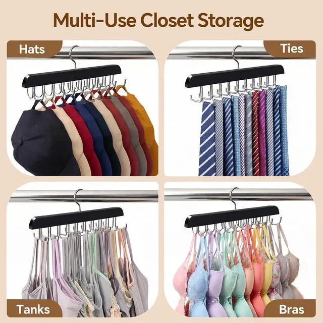 Alt view image 6 of 7 - 2 Pack Tie Rack and Belt Hanger 40 Hooks 360 Swivel Foldable Wooden Closet Rod Organizer Space Saving for Ties Belts Hats Bras Tank Tops Black