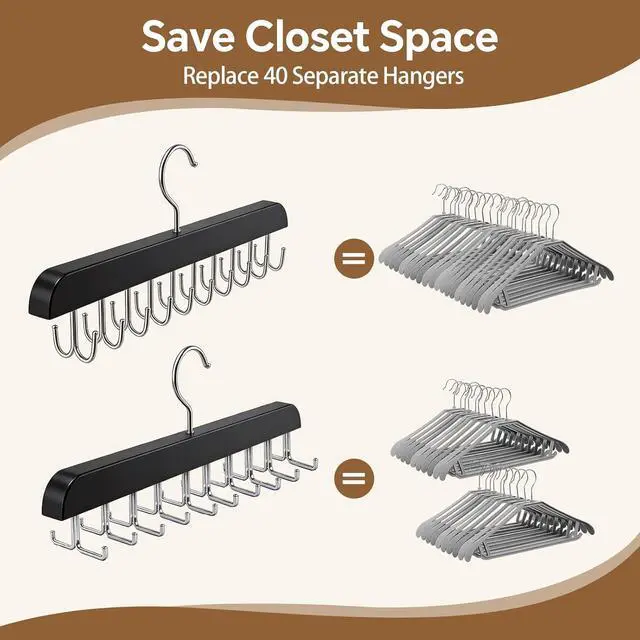 Alt view image 7 of 7 - 2 Pack Tie Rack and Belt Hanger 40 Hooks 360 Swivel Foldable Wooden Closet Rod Organizer Space Saving for Ties Belts Hats Bras Tank Tops Black