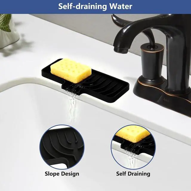 Alt view image 3 of 7 - Silicone Sponge Holder for Kitchen Sink With Drain Spout, Self Draining, Kitchen Soap Tray, Bathroom Organizer, Sink Caddy (Black, 10×4)