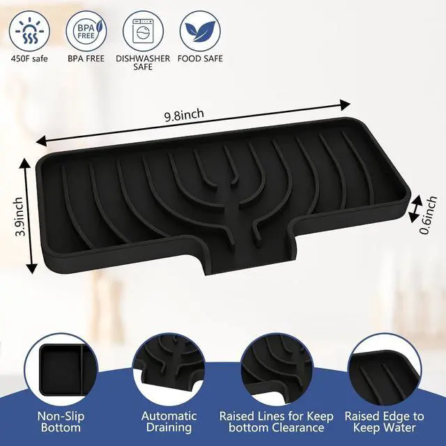 Alt view image 2 of 7 - Silicone Sponge Holder for Kitchen Sink With Drain Spout, Self Draining, Kitchen Soap Tray, Bathroom Organizer, Sink Caddy (Black, 10×4)