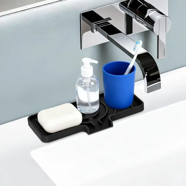 Alt view image 4 of 7 - Silicone Sponge Holder for Kitchen Sink With Drain Spout, Self Draining, Kitchen Soap Tray, Bathroom Organizer, Sink Caddy (Black, 10×4)