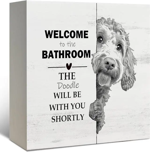 Main image of Funny Goldendoodle Bathroom Decor, Goldendoodle Gifts Black and White Golden Doodle Dog Wooden Box Sign, Wood Signs for Bathroom Toilet Restroom Counter Shelf Wall Decoration 5x5 Inch
