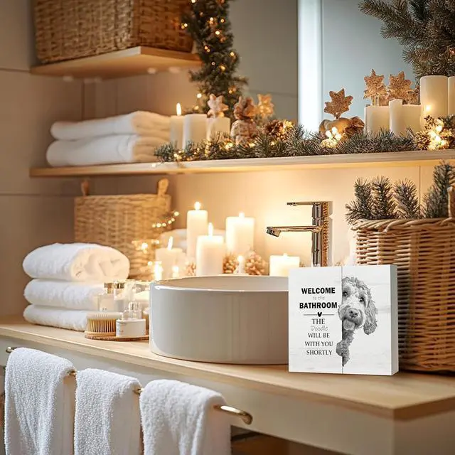 Alt view image 3 of 6 - Funny Goldendoodle Bathroom Decor, Goldendoodle Gifts Black and White Golden Doodle Dog Wooden Box Sign, Wood Signs for Bathroom Toilet Restroom Counter Shelf Wall Decoration 5x5 Inch