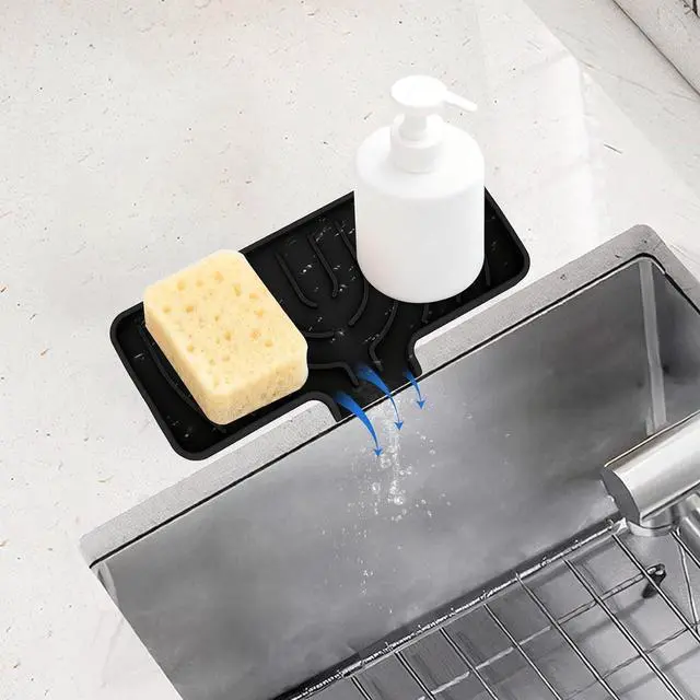 Alt view image 6 of 7 - Silicone Sponge Holder for Kitchen Sink With Drain Spout, Self Draining, Kitchen Soap Tray, Bathroom Organizer, Sink Caddy (Black, 10×4)