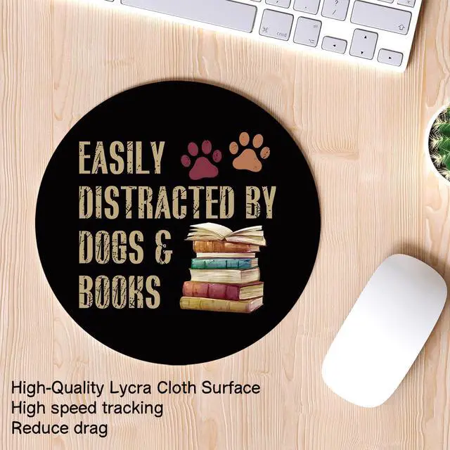 Alt view image 3 of 6 - Book Lover Gifts Mouse Pads, Small Round Mouse Pads for Desk, Book Reader Gifts Women, Computer Desk Accessories for Women, Easily Distracted by Dogs and Books 8.7x8.7 Inch