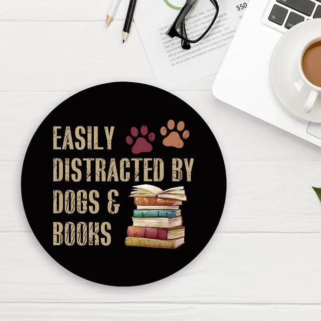 Alt view image 6 of 6 - Book Lover Gifts Mouse Pads, Small Round Mouse Pads for Desk, Book Reader Gifts Women, Computer Desk Accessories for Women, Easily Distracted by Dogs and Books 8.7x8.7 Inch