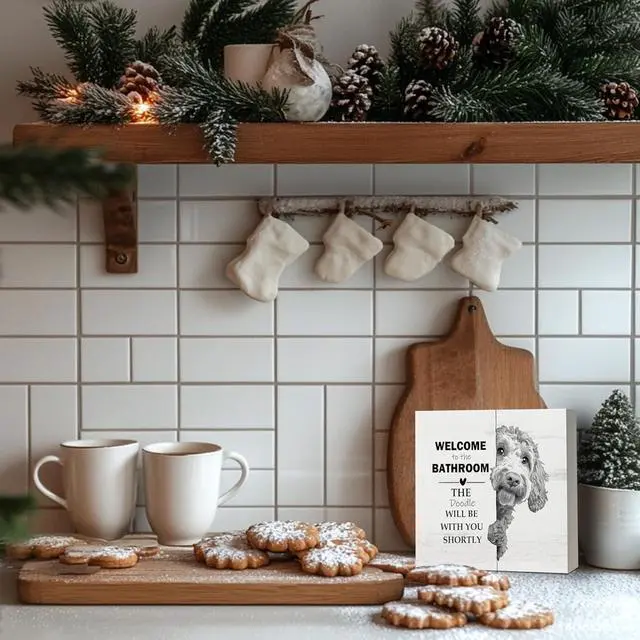 Alt view image 6 of 6 - Funny Goldendoodle Bathroom Decor, Goldendoodle Gifts Black and White Golden Doodle Dog Wooden Box Sign, Wood Signs for Bathroom Toilet Restroom Counter Shelf Wall Decoration 5x5 Inch
