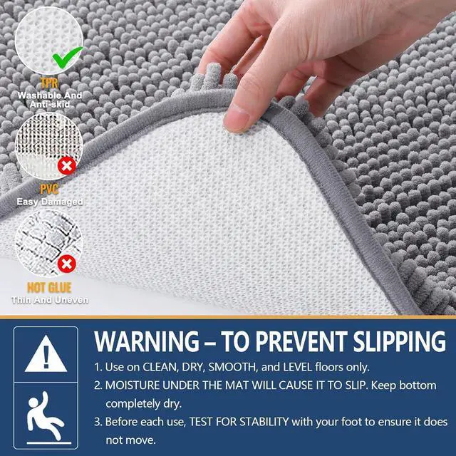 Alt view image 5 of 7 - Arotive Bathroom Rugs 24x16, Soft Absorbent Shaggy Chenille Bath Rugs | Grey, Machine Washable Rubber Backing Bath Mats for Bathroom Floor Tub and Shower Home Decor Accessories