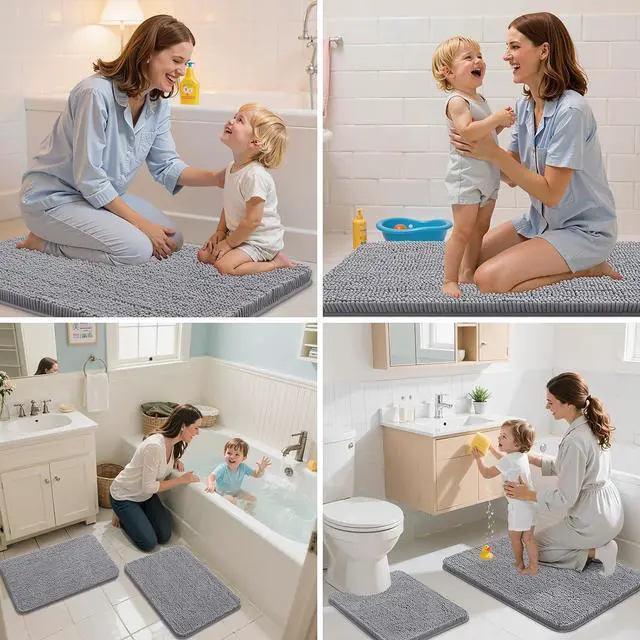 Alt view image 7 of 7 - Arotive Bathroom Rugs 24x16, Soft Absorbent Shaggy Chenille Bath Rugs | Grey, Machine Washable Rubber Backing Bath Mats for Bathroom Floor Tub and Shower Home Decor Accessories