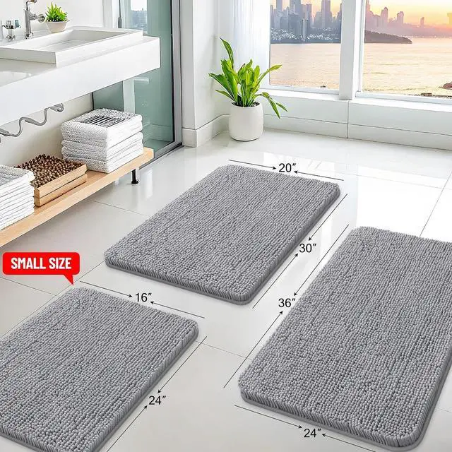 Alt view image 2 of 7 - Arotive Bathroom Rugs 24x16, Soft Absorbent Shaggy Chenille Bath Rugs | Grey, Machine Washable Rubber Backing Bath Mats for Bathroom Floor Tub and Shower Home Decor Accessories