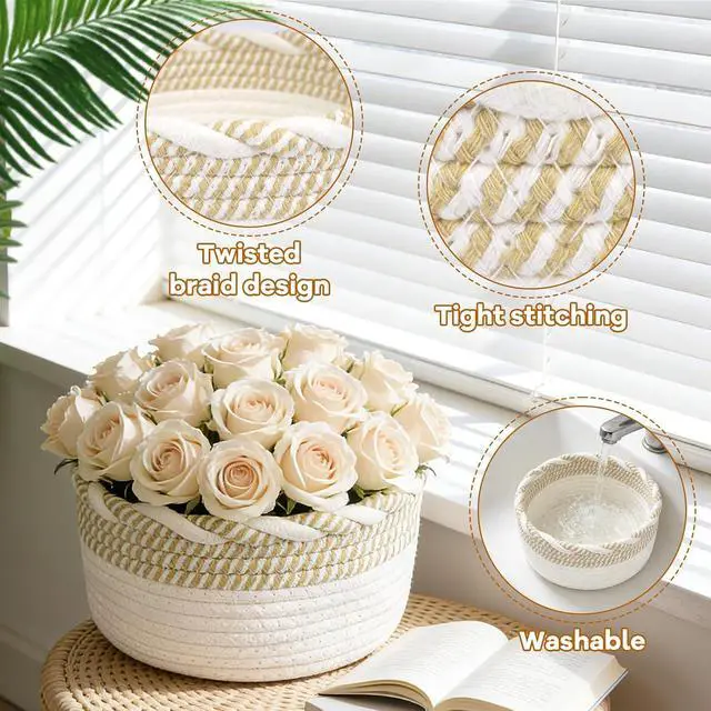Alt view image 3 of 6 - Small Cotton Rope Storage Basket, Boho Cotton Rope Storage Bins for Towel,Pet Kids Toy, Round Jute-Colored Woven Basket, Empty Gift Basket, 8 x 8 x 4