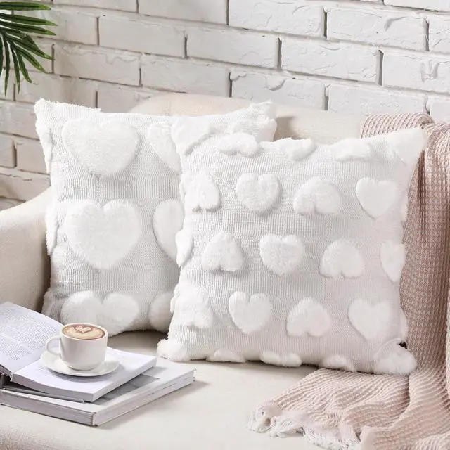 Alt view image 2 of 7 - HunnmingRe 2 Pcs Valentine's Day Heart Throw Pillow Covers 18x18 Inch Beige Heart Love Pillow Cases Plush Faux Fur Jacquard Pillowcase Galentine's Day Gifts for Home Living Room Bed Couch Covers