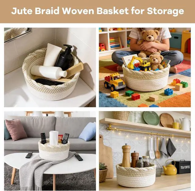 Alt view image 6 of 6 - Small Cotton Rope Storage Basket, Boho Cotton Rope Storage Bins for Towel,Pet Kids Toy, Round Jute-Colored Woven Basket, Empty Gift Basket, 8 x 8 x 4