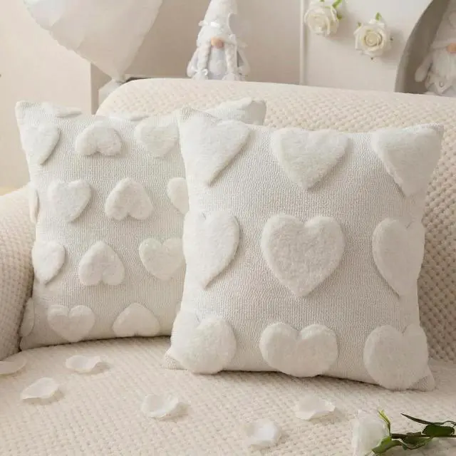 Main image of HunnmingRe 2 Pcs Valentine's Day Heart Throw Pillow Covers 18x18 Inch Beige Heart Love Pillow Cases Plush Faux Fur Jacquard Pillowcase Galentine's Day Gifts for Home Living Room Bed Couch Covers