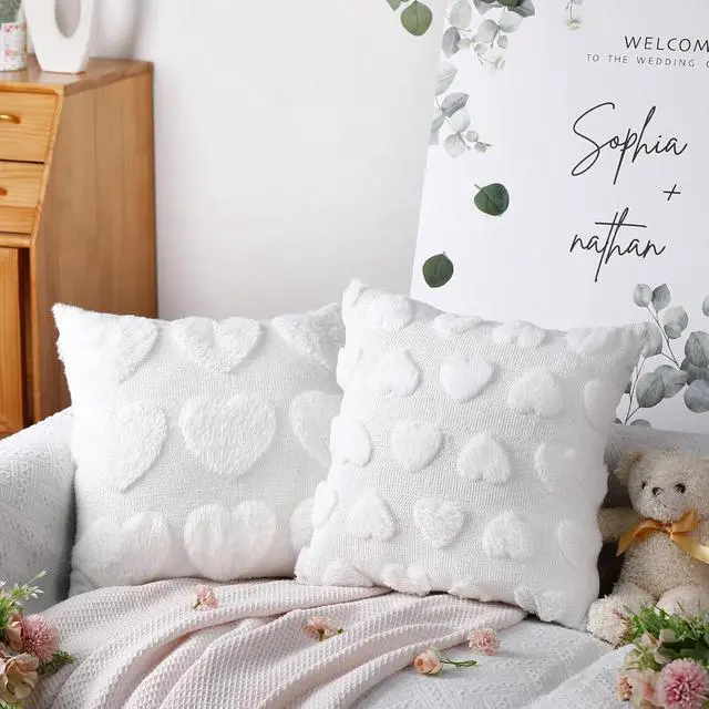 Alt view image 3 of 7 - HunnmingRe 2 Pcs Valentine's Day Heart Throw Pillow Covers 18x18 Inch Beige Heart Love Pillow Cases Plush Faux Fur Jacquard Pillowcase Galentine's Day Gifts for Home Living Room Bed Couch Covers