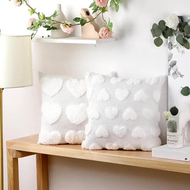 Alt view image 6 of 7 - HunnmingRe 2 Pcs Valentine's Day Heart Throw Pillow Covers 18x18 Inch Beige Heart Love Pillow Cases Plush Faux Fur Jacquard Pillowcase Galentine's Day Gifts for Home Living Room Bed Couch Covers
