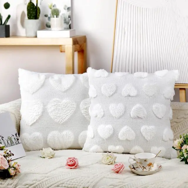Alt view image 7 of 7 - HunnmingRe 2 Pcs Valentine's Day Heart Throw Pillow Covers 18x18 Inch Beige Heart Love Pillow Cases Plush Faux Fur Jacquard Pillowcase Galentine's Day Gifts for Home Living Room Bed Couch Covers