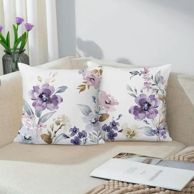 Main image of Bonhause Watercolor Floral Throw Pillow Covers 18 x 18 Inch Purple Pink | Flower Leaves Ink Art Modern Decorative Cushion Covers for Couch Sofa Bed Home Garden Patio Decor Set of 2