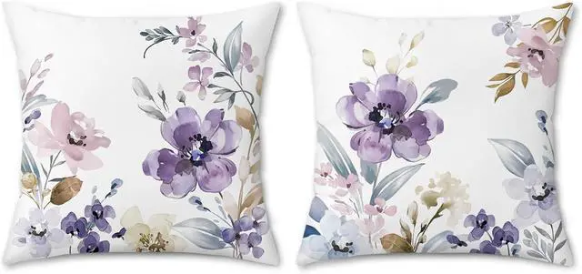Alt view image 2 of 6 - Bonhause Watercolor Floral Throw Pillow Covers 18 x 18 Inch Purple Pink | Flower Leaves Ink Art Modern Decorative Cushion Covers for Couch Sofa Bed Home Garden Patio Decor Set of 2