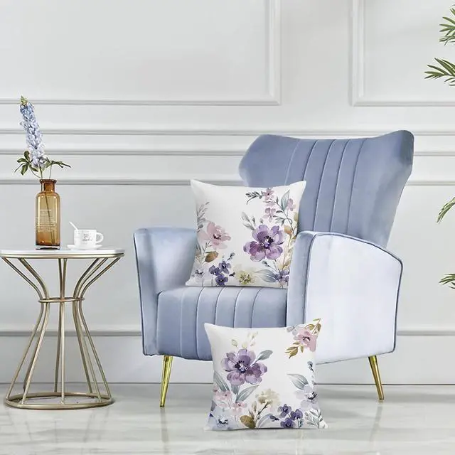 Alt view image 3 of 6 - Bonhause Watercolor Floral Throw Pillow Covers 18 x 18 Inch Purple Pink | Flower Leaves Ink Art Modern Decorative Cushion Covers for Couch Sofa Bed Home Garden Patio Decor Set of 2