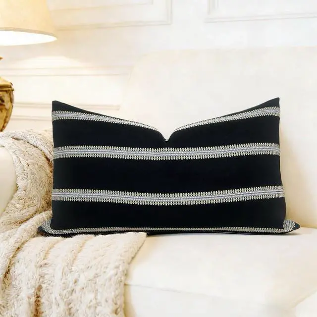 Main image of Slow Cow Lumbar Throw Pillow Cover Stripe 12 x 20 Inches Black Off White | Decorative Textured Woven Rectangular Stripe Accent Cushion with Hidden Zipper for Living Room Home Decor