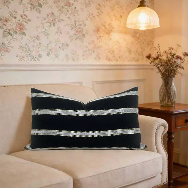 Alt view image 3 of 7 - Slow Cow Lumbar Throw Pillow Cover Stripe 12 x 20 Inches Black Off White | Decorative Textured Woven Rectangular Stripe Accent Cushion with Hidden Zipper for Living Room Home Decor