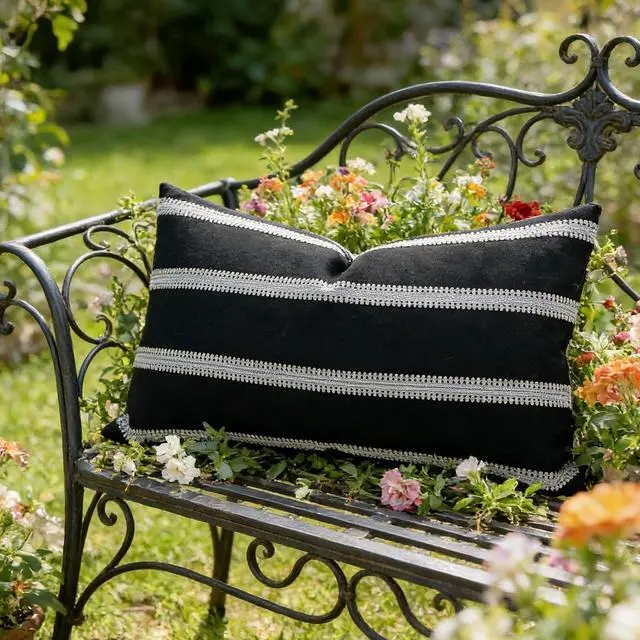 Alt view image 5 of 7 - Slow Cow Lumbar Throw Pillow Cover Stripe 12 x 20 Inches Black Off White | Decorative Textured Woven Rectangular Stripe Accent Cushion with Hidden Zipper for Living Room Home Decor