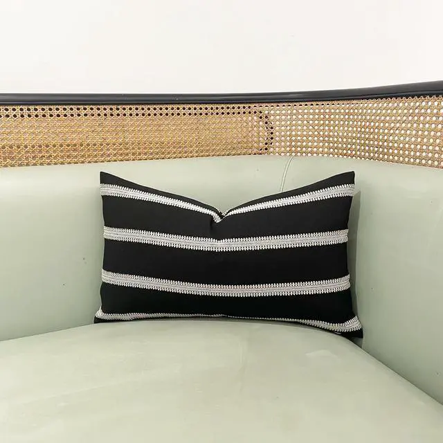 Alt view image 7 of 7 - Slow Cow Lumbar Throw Pillow Cover Stripe 12 x 20 Inches Black Off White | Decorative Textured Woven Rectangular Stripe Accent Cushion with Hidden Zipper for Living Room Home Decor