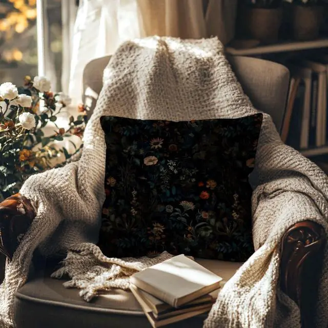 Alt view image 3 of 6 - Dark Gothic Boho Moody Floral Pillow Cover 18x18 Double-Sided, Black Mystical Gothic Exotic Botanical Flower Garden Decorative Throw Pillow Cover for Bedroom Living Room