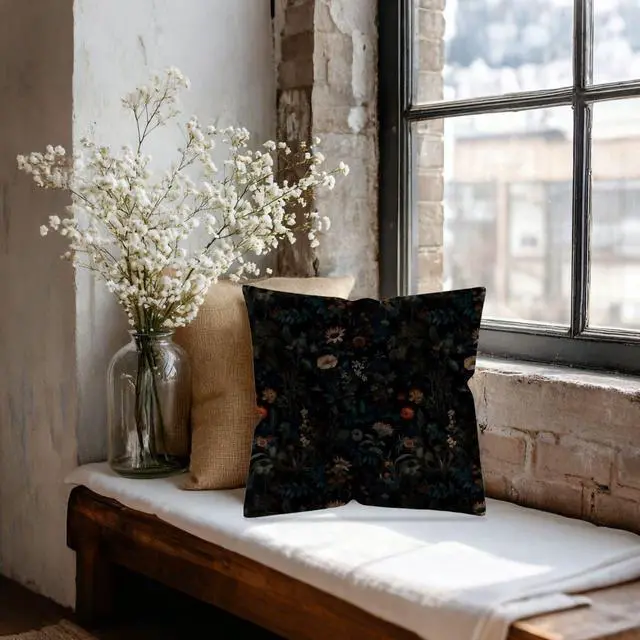 Alt view image 4 of 6 - Dark Gothic Boho Moody Floral Pillow Cover 18x18 Double-Sided, Black Mystical Gothic Exotic Botanical Flower Garden Decorative Throw Pillow Cover for Bedroom Living Room