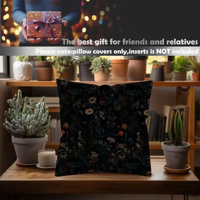 Alt view image 5 of 6 - Dark Gothic Boho Moody Floral Pillow Cover 18x18 Double-Sided, Black Mystical Gothic Exotic Botanical Flower Garden Decorative Throw Pillow Cover for Bedroom Living Room