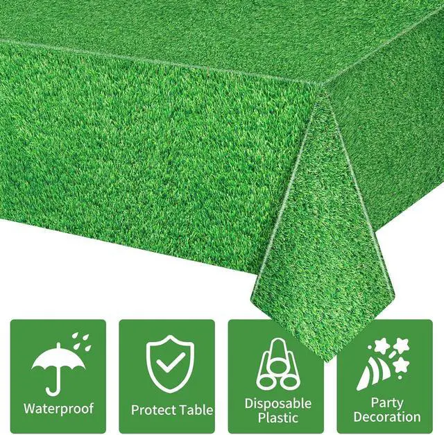 Alt view image 3 of 7 - 2 Pack Green Grass Tablecloth Golf Table Cloth 54 x 108 Inch Disposable Plastic Grass Tablecloth for Golf Birthday Party Games Decoration Outdoor Picnics Dining Rectangle Table Cover
