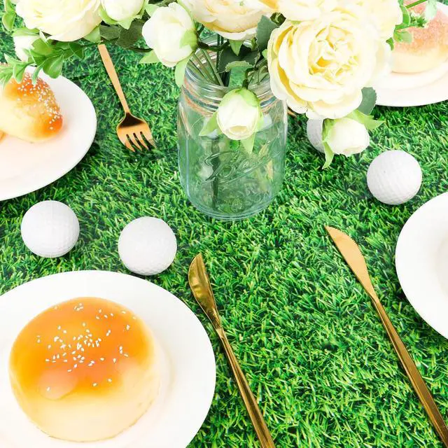 Alt view image 5 of 7 - 2 Pack Green Grass Tablecloth Golf Table Cloth 54 x 108 Inch Disposable Plastic Grass Tablecloth for Golf Birthday Party Games Decoration Outdoor Picnics Dining Rectangle Table Cover