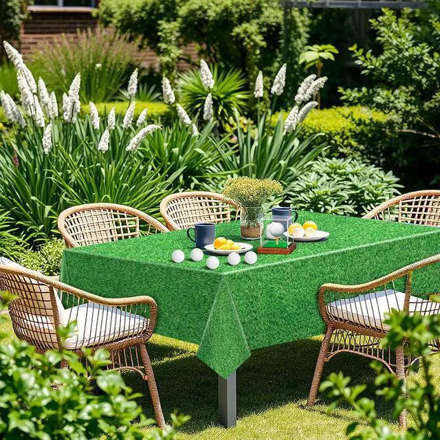 Alt view image 4 of 7 - 2 Pack Green Grass Tablecloth Golf Table Cloth 54 x 108 Inch Disposable Plastic Grass Tablecloth for Golf Birthday Party Games Decoration Outdoor Picnics Dining Rectangle Table Cover