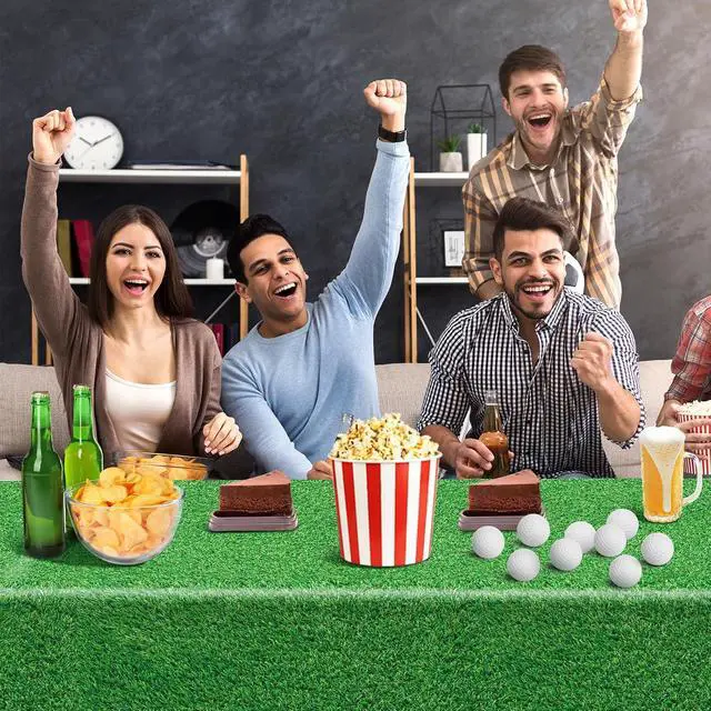 Alt view image 7 of 7 - 2 Pack Green Grass Tablecloth Golf Table Cloth 54 x 108 Inch Disposable Plastic Grass Tablecloth for Golf Birthday Party Games Decoration Outdoor Picnics Dining Rectangle Table Cover