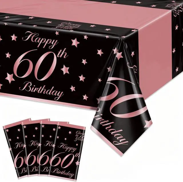 Main image of 4 Pack 60th Birthday Tablecloths Plastic Disposable Rose and Gold Rectangle Table Cover for Men Woman 60 Birthday Party Decorations, 51x87''