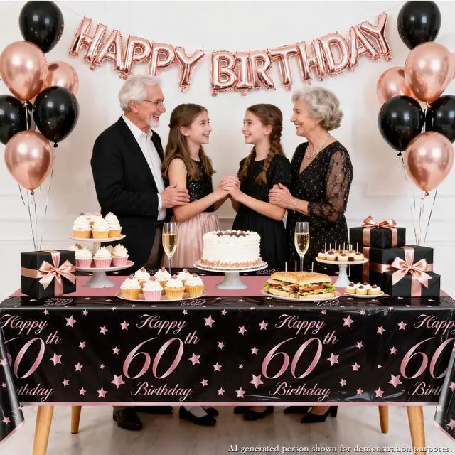Alt view image 3 of 7 - 4 Pack 60th Birthday Tablecloths Plastic Disposable Rose and Gold Rectangle Table Cover for Men Woman 60 Birthday Party Decorations, 51x87''