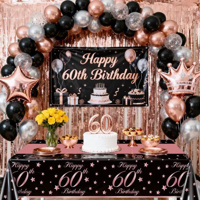 Alt view image 4 of 7 - 4 Pack 60th Birthday Tablecloths Plastic Disposable Rose and Gold Rectangle Table Cover for Men Woman 60 Birthday Party Decorations, 51x87''